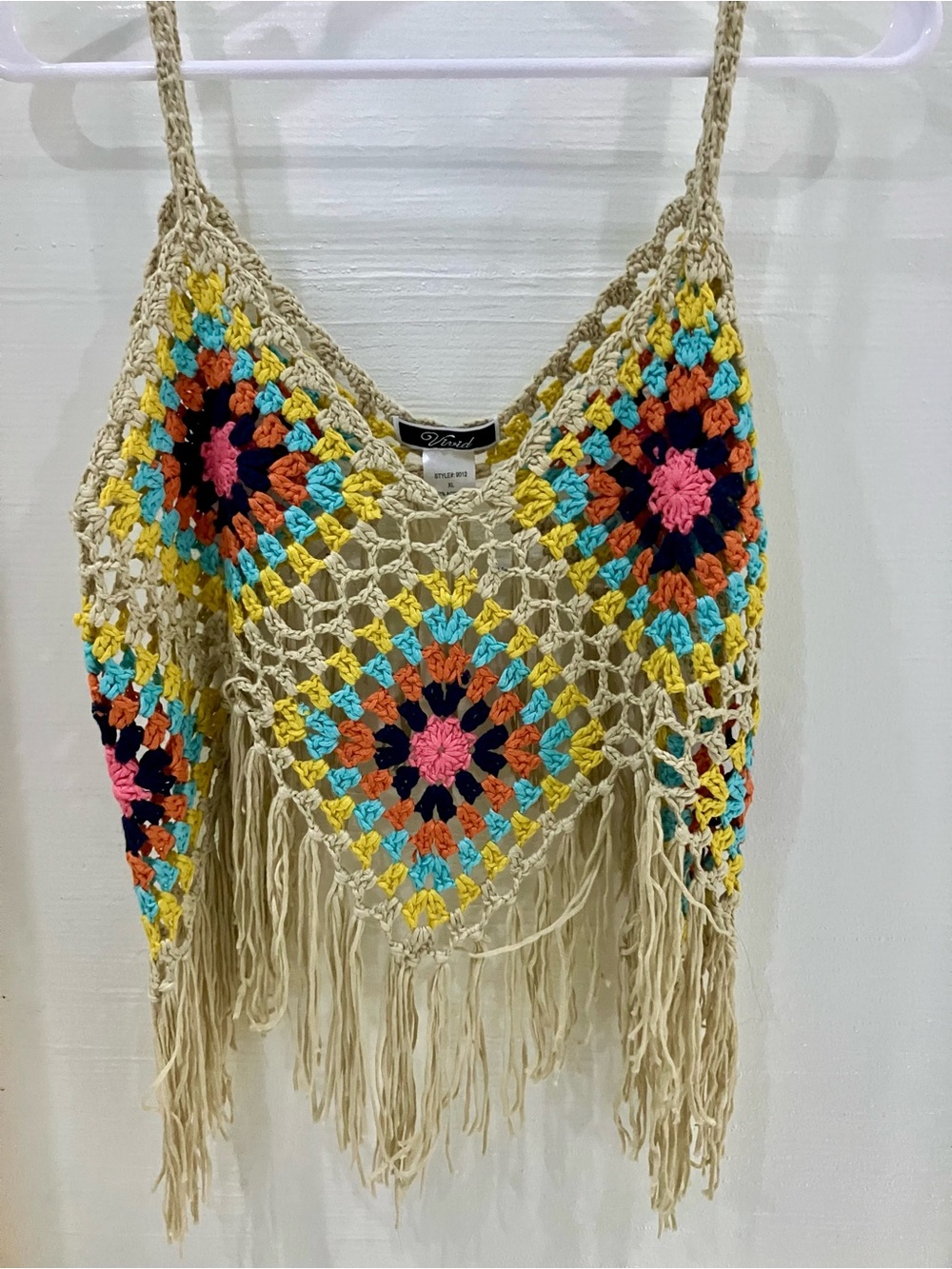 ViVI Beige Crochet Fringe Tank Top with Multicolor Diamond Squares